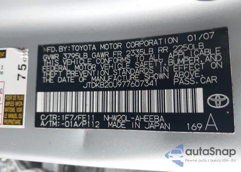 2007 Toyota Prius z USA, uszkodzony, nr VIN JTDKB20U977607341